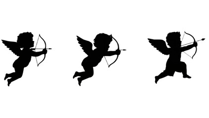 Charming trio of Cupid silhouettes, depicted mid-flight with bows and arrows ready, symbolizing pure love, tender romance, and affectionate passion, perfect for romantic themed creations