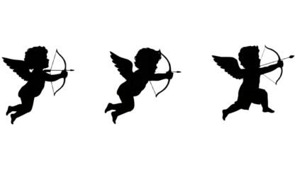 Charming trio of Cupid silhouettes, depicted mid-flight with bows and arrows ready, symbolizing pure love, tender romance, and affectionate passion, perfect for romantic themed creations