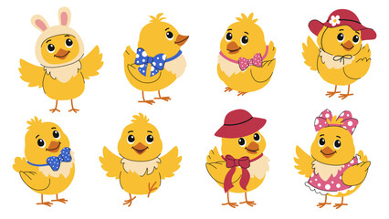 Fototapeta premium Cartoon Easter chicks set. Cute chicks in hats and bows for Easter decorations and cards.