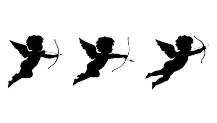 Dynamic vector illustration of three flying Cupid cherubs, depicted as sleek black silhouettes, aiming bows and arrows, embodying concepts of love, romance, and heartfelt affection for symbolic design