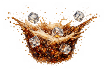 Brown carbonated soft drink splashing with ice cubes diving into the bubbly liquid, capturing a refreshing moment on transparent background