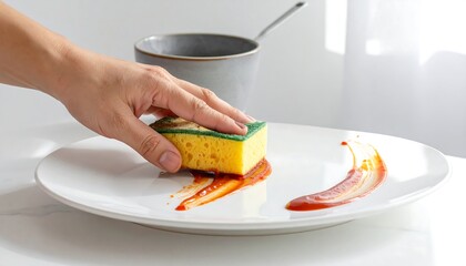 Cleaning a Dirty Plate with a Sponge in the Kitchen.