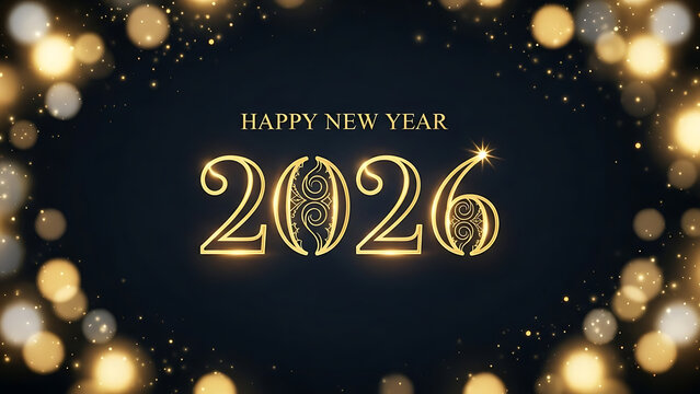 Happy New Year 2026 gold text with bokeh lights on black background