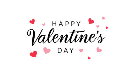 Elegant Happy Valentine's Day typographic greeting card with charming pink and red heart confetti, a clean and minimalist digital graphic design