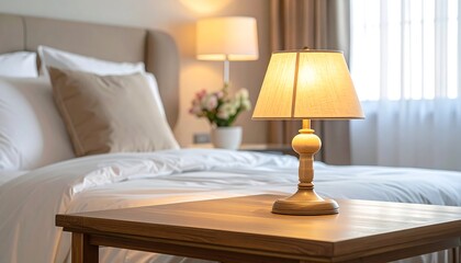 Cozy Bedroom Interior with Bedside Lamp and Soft Lighting.