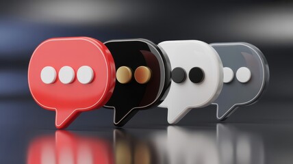 A vibrant and minimalist composition features overlapping speech bubbles in red black white and gray tones reflecting communication