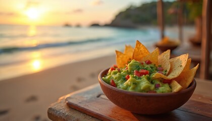 Avocado salsa with nachos presented in wooden bowl. Delicious guacamole with chips on table at sunset beach. Sea and sky on background. Concept of healthy snack on vacation.