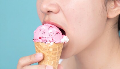 Dental Sensitivity Concept: Person wincing while biting ice cream
