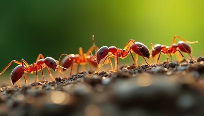 Several red ants march together on earthy ground. These insects work as a team. Macro view shows tiny details of these small workers on forest floor.