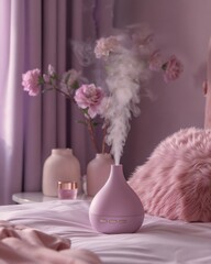 Essential oil diffuser steaming in soft pink bedroom decor  