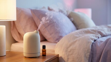 Essential oil diffuser producing steam beside bed with lavender pillows  