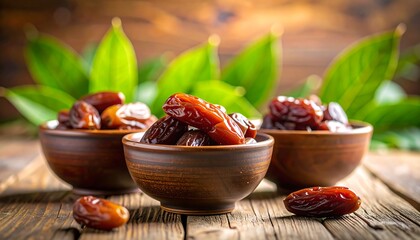 Delicious and Nutritious Dates in Wooden Bowls on Rustic Table.