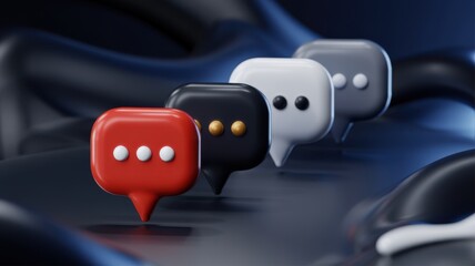 A vibrant modern composition showcasing several 3d rendered speech bubbles in red black white and gray tones set against a blurred dark background