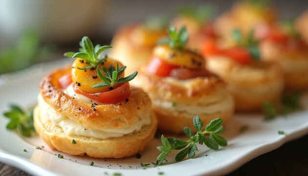 Golden vol au vents served on plate. Savory appetizers filled with cream cheese tomatoes garnished with fresh herbs. Elegant snack suitable for party buffet or upscale catering event food concept.