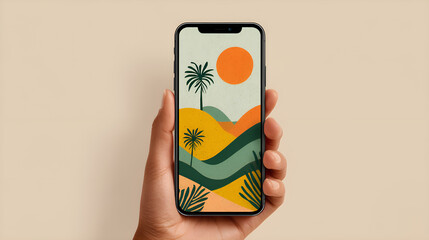 Hand holding smartphone displaying minimalist tropical landscape wallpaper