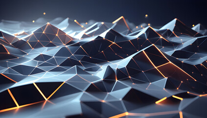 Stunning abstract digital landscape with glowing orange connections and futuristic geometric mountains