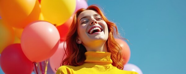 Fototapeta premium Happy woman laughs joyfully among colorful balloons against blue sky. Illustration of celebration party event with cheerful person. Positive emotions are in the air.