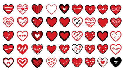 Digitally illustrated hand-drawn hearts collection, featuring unique red and white patterns, symbolizing love, romance, and affection for creative design projects