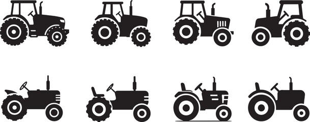 Tractors icon set in bold silhouette style, vector EPS, isolated on white background.