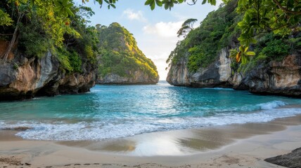 A breathtaking view of a secluded tropical beach with turquoise water framed by dramatic limestone cliffs and lush greenery