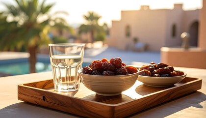 Dates and Water - A Traditional Iftar Meal Setting.