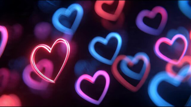 Colorful neon hearts creating a romantic bokeh effect against a dark abstract background.
