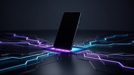 A sleek black smartphone rests upon a glowing digital circuit board illuminated with vibrant neon purple and blue light