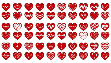 Digital illustration a collection of red heart icons, each featuring unique white line patterns, symbolizing love, emotion, and connection for graphic design