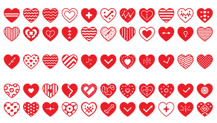 A vibrant digital illustration showcasing a diverse grid of red heart icons, each uniquely patterned and stylized, symbolizing love, health, and various emotions