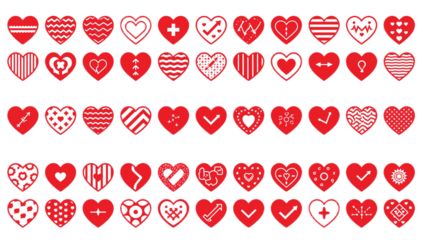 A vibrant digital illustration showcasing a diverse grid of red heart icons, each uniquely patterned and stylized, symbolizing love, health, and various emotions