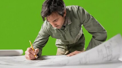 Architect at Work: An architect, deeply focused, sketches on a blueprint, showcasing his dedication to crafting detailed designs.