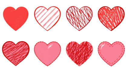 A grid of eight distinct heart illustrations in varying shades of red and pink, featuring diverse textures like solid fill, stripes, and scribbles, perfect for Valentine's Day or love-themed designs