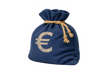 Blue money bag displaying a euro currency symbol, tied with rope, representing finance, wealth, and savings
