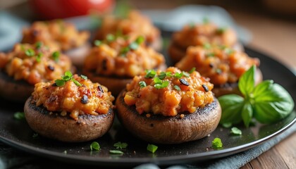 Close up photo of appetizing stuffed mushrooms on plate. Fresh herbs garnish cooked dish. Savory food served for dinner at the wooden table. Tasty vegetarian cuisine.