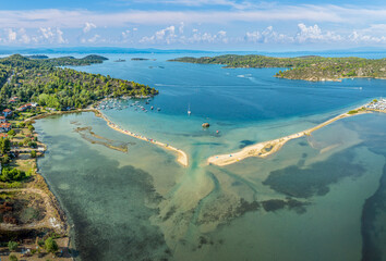 Aerial view of Livari Beach, Sithonia peninsula, Halkidiki, Greece.