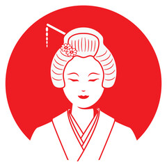 Line art illustration vector of Japanese beautiful lady or geisha or maiko dress in formal kimono drawing in red and white