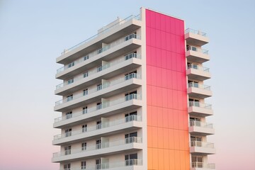 Fototapeta premium A tall building with colorful exterior wall stands against clear sky at sunset
