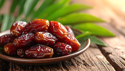 Delicious and Nutritious Dates on a Rustic Wooden Surface.