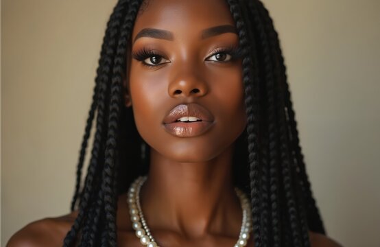 Portrait of young african woman with box braids hairstyle. Female wears pearl necklace, poses with neutral makeup in studio. Black model looks at camera, beauty concept, fashion trends.
