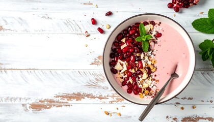 Healthy pomegranate smoothie bowl with granola and mint.