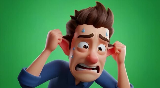 Stressed cartoon man with sweat drops on forehead looking worried