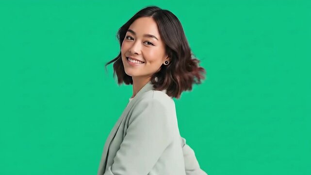 Smiling Portrait: A captivating woman with a radiant smile turns, her gaze meeting the viewer's with warmth and charm. Capturing elegance and approachability.