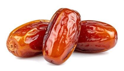 Three Fresh Dates on a White Background, Close-Up.