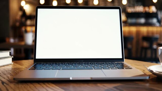 Laptop on Wooden Table in Cafe.
