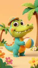 Naklejka premium Felt crocodile character wearing a hat and holding a beach ball on a tropical vacation