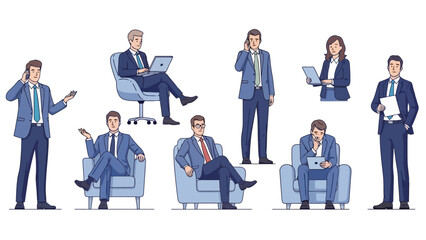 A collection of diverse business professionals in suits, engaged in various activities such as using laptops, talking on phones, and holding documents, depicted in a clean, modern illustration style.
