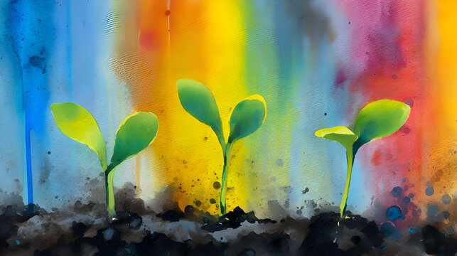 Three young seedlings growing in colorful watercolor soil