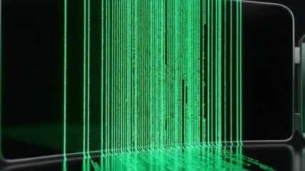 Cinematic Smartphone Display with Green Matrix Code Rain Effect, Isometric Digital Data Stream Visual, Neon Green Code on Dark Background, Tech Specs: High-Res Mobile Screen - Powered by Adobe