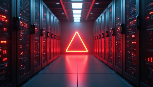 Server room data center corridor with red triangle warning sign. It shows network fault or security breach. Represents data loss or system failure. Ideal for it infrastructure topics.