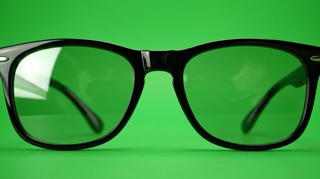 Black eyeglasses front view close up on green screen background for chroma key compositing